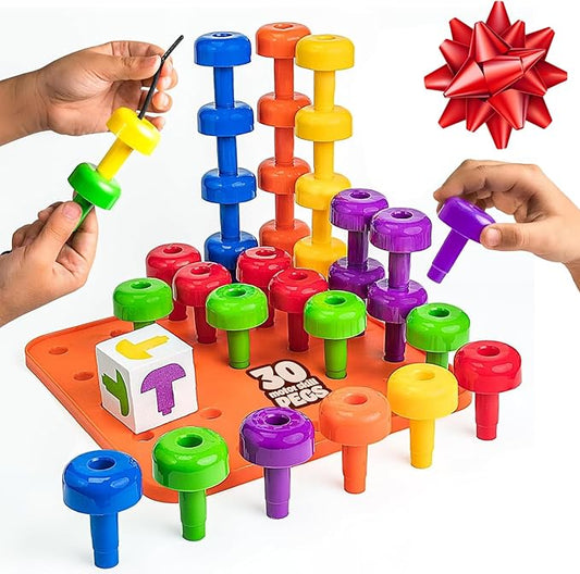 Skoolzy Peg Board Set - Montessori Toys for 2 Year Old - 33 Pc Plastic Peg Board for Kids - Occupational Therapy Toys with Pegs, Dice, Lacing String & Storage Bag
