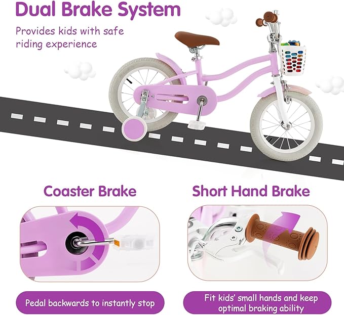 HONEY JOY Kids Bike, 12 14 16 18 20 Inch Toddler Bikes w/Training Wheels, Handbrake & Coaster Brake, Fully Enclosed Chain, Adjustable Handlebar & Seat, Kids Bicycle w/Basket, Girls Boys Bike 3-8