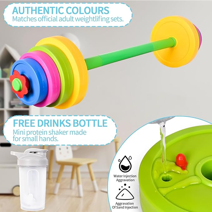 3-in-1 Kids Fitness Set with Adjustable Barbell, Kettlebell & Reusable Water Bottle – Kids Gym Equipment for Pretend Play Exercise, Fun Fitness Toys for Boys & Girls Home Workout