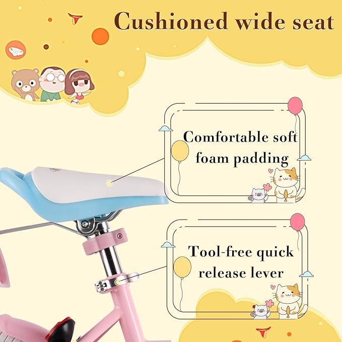 RULLY Daisy Kids Bike for Girls Ages 2-9 Years, 12 14 16 18 Inch Princess Girls Bicycle with Doll Bike Seat, Training Wheels, Basket and Streamers, Kids Cycle Bikes, Multiple Colors