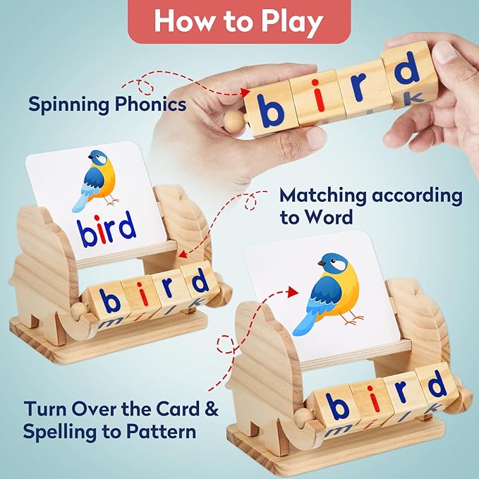 Montessori Learning and Educational Toys Gifts for Kids 3 4 5 Years, Wooden Reading Blocks Toys, Preschool Kindergarten Learning Activities, Turning Rotating Matching Flash Card Games