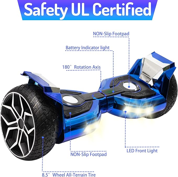 8.5” All Terrain Hover Board, Off Road Self Balancing Scooter with Bluetooth and LED Lights, UL2272 Safety Certified (Blue)