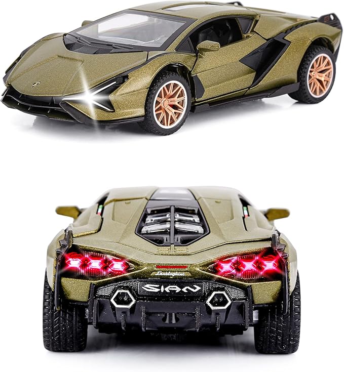 SASBSC Lamb Toy Cars for Kids Sian Diecast Metal Model Car with Light and Sound Fkp3 Pull Back Toy Car for Boys Age 3 + Year Old (Army Green)