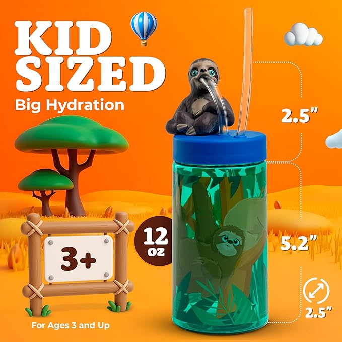 Kids Water Bottle, Toddler Cups, Tumbler with Lid and Straw, Travel Sippy Cup for Water or Milk, Kids Cups with Lids for Toddlers 3 and Up, BPA Free Plastic, 12 oz (Trend Zoo Sloth)