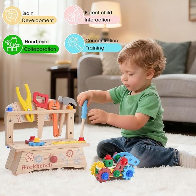 REXBETI Kids Tool Set, Wooden Toddler Tool Set with Apron, Toddler Tool Bench, Educational Montessori Toys for 3 Year Old Boys, Pretend Construction Kits, Birthday Gifts for 3 4 5 Year Old Boy Girl