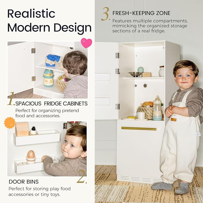 Tiny Land Wooden Toy Fridge with Spacious Storage, Realistic Play Kitchen Refrigerator for Kids’ Pretend Play with Three Freezer Magnets