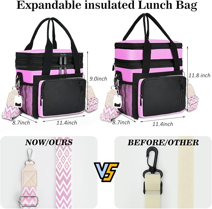LOKASS Lunch Box & Lunch Bag for Women Men Double Deck, Large Insulated Adult Lunch Box Leakproof Lunchbox Cooler Bag for Work Picnic Beach,（Pink&Black 16L）