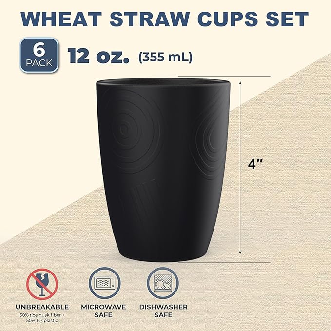 Wheat Straw Cups 6 PCS Good Alternative to Plastic Reusable Cups 12 oz Unbreakable Drinking Cup Reusable Dishwasher Safe Water Plastic Glasses Black