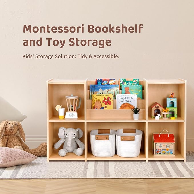 OOOK Montessori Bookshelf and Toy Storage Organizer, 2-Tier Horizontal Bookshelf, 5-Compartment Toy Storage Cabinet with Book Rack, Ideal Choice for Kids Classroom Organizer, Playroom and Daycare