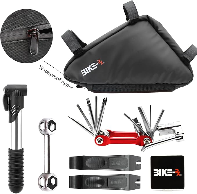 Bike Repair Kit Tool Bag – 16-in-1 Multitool, 120PSI Mini Pump, Tire Levers, Patches, Saddle Bag for Road, Mountain, and E-Bikes, Portable Tool Kit for Emergencies & Repairs