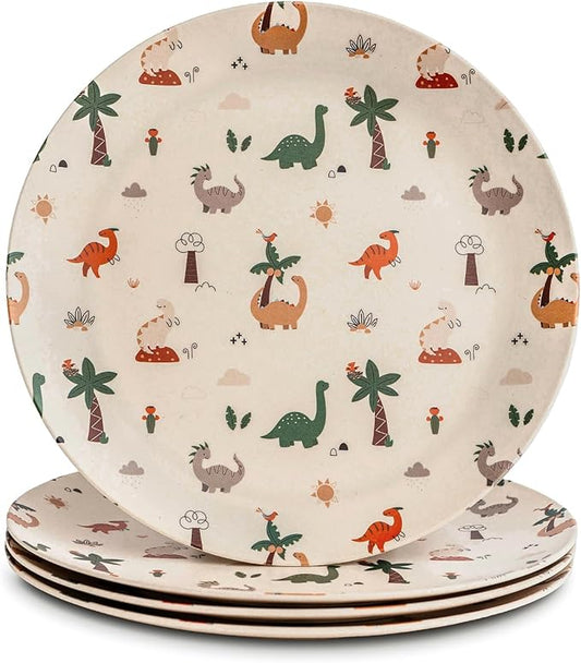 Nook Theory 4 Pack Reusable Bamboo Plates - Non-Toxic Toddler and Kids Plate, Dishwasher Safe, Not Microwavable Dinnerware (Dino 10")