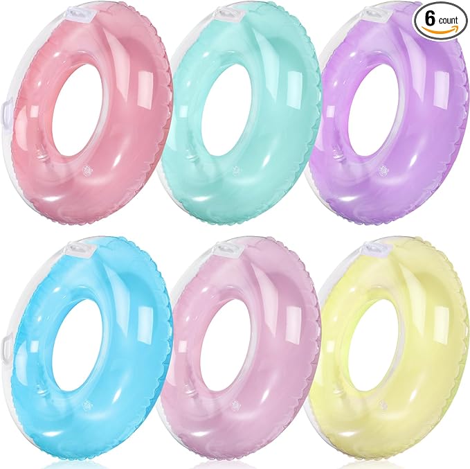 ShinyRelief 6 Pack 33'' Inflatable Pool Floats with Handle for Kids Adults Macaron Tube Rings Handle Tubes Bulk, Pool Floaties Toys Beach Summer Swimming Party Toys