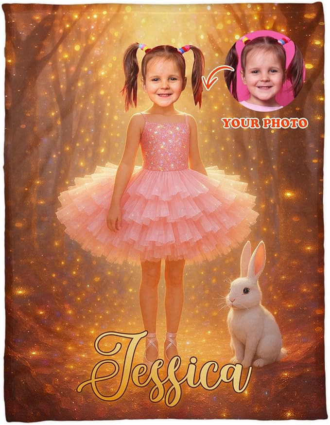 Personalized Fairy Tale Baby Blanket, Custom Photo Blanket with Name, Pink Tutu Dress Design, Soft Fleece Throw, for Baby Girl