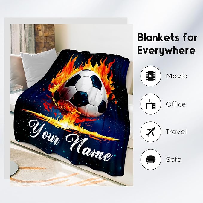 Personalized Soccer Blanket Gifts for Kids - Custom Soccer Gift for Boys 8-12, Sports Throw Blankets for Team Player Adults Men - Soft Plush Girls Throws for Couch, Office (Blue, 30x40 Inch)