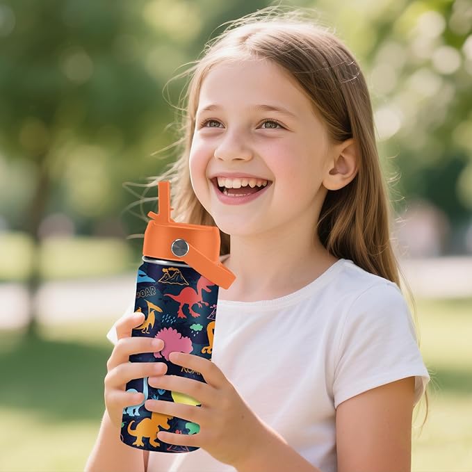 Dinosaur Gifts for Kids - 16oz Colorful Dino Water Bottle with Straw Lid, Stainless Steel Insulated Tumbler, Leakproof, BPA-Free, for Boys & Girls, School, Travel - Dino Lovers Birthday Gift Cup (1pc)