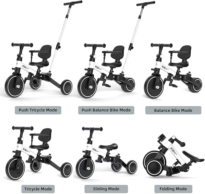 XJD Toddler Bike, 6 in 1 Folding Toddler Tricycle for 1-4 Year Old with Parental Control Handle, Balance Bike with Removable Pedal, Backrest, Adjustable Seat and Handle, First Birthday Gifts (White)