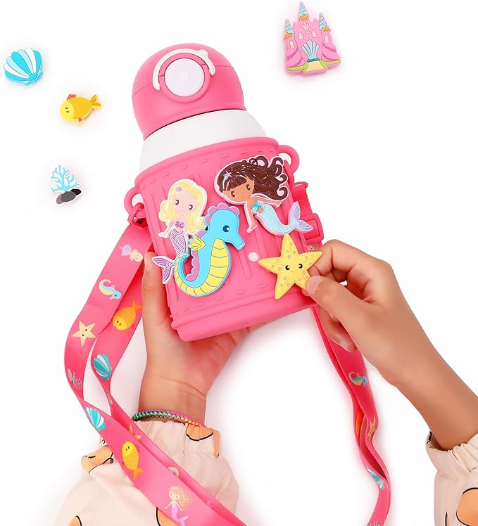 Kids Insulated Tumbler Set – 16 oz Stainless Steel Bottle with 2 Lids (Straw + Pour), Screw-On Cup, Adjustable Strap, Silicone Sleeve + 8 Charms – BPA-Free, Gift-Ready (Mermaid)