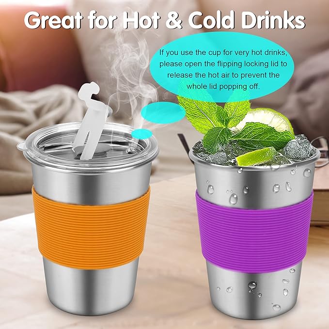Stainless Steel Kids Cups, 6 Pack 12oz Leak Proof Kids Straw Cup Sippy Tumblers with Lid and Straw, Unbreakable Water Drinking Glasses, BPA-Free Metal Mug for Toddler Children Adult Indoor Outdoor