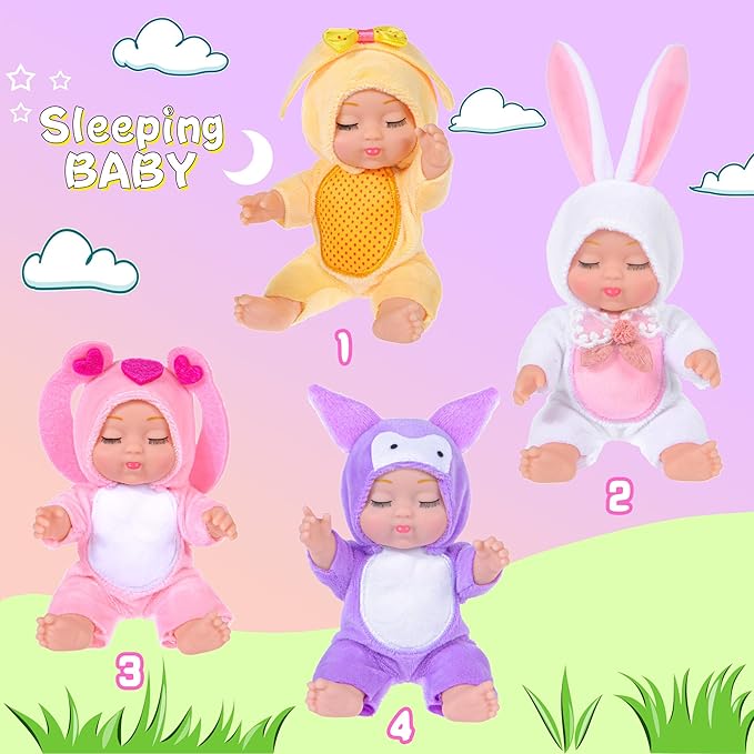 4 Pcs 7 Inch Baby Dolls with Adorable Animal-Themed Outfits - Cute PVC Infant Figurines Set in Yellow Chick, White Bunny, Pink Bunny & Purple Koala Costumes - Gift for Girls 3+