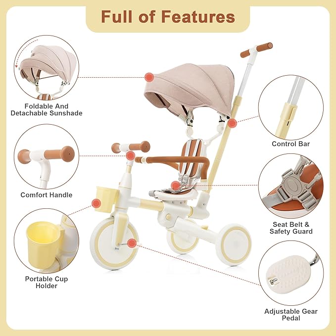 Foldable Kids Tricycle with Adjustable Pedals, Removable Canopy Cup Holder Safe, Portable Toddler Bike Age 18-72 Months