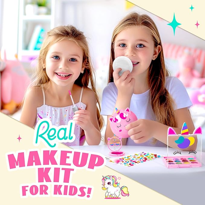 ULOVEME Kids Real Makeup Kit for Little Girls - Real, Non Toxic, Washable Make Up Toy - Umicorn Toys Gift for 3 4 5 6 7 8 9 10 12 Years Old Girls Birthday (White Umicorn)