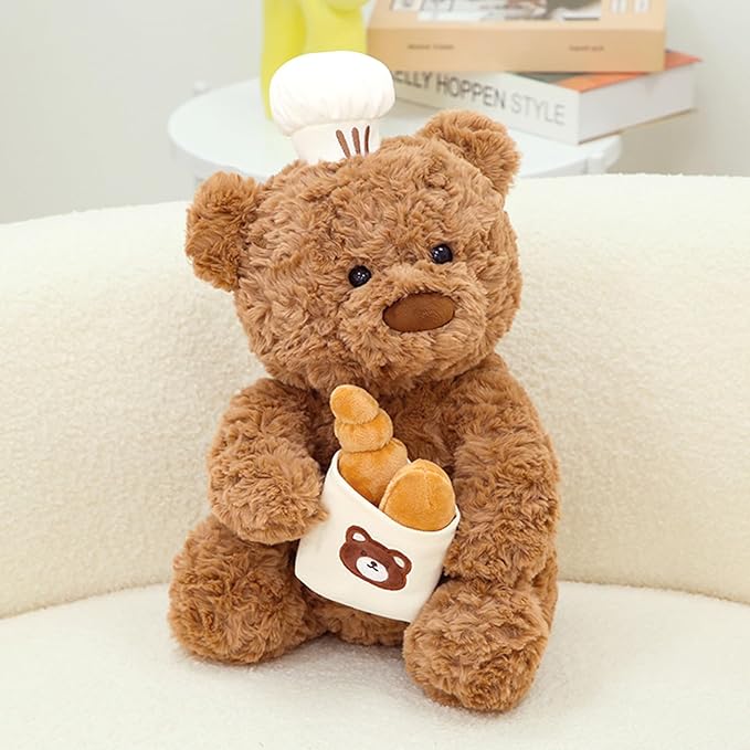 PEACH CAT Chef Teddy Bear Stuffed Animal Holds Toast Bread Bag Cute Bear Plush Soft Plushies Toy Pillow Gifts for Kids Brown 9.8"
