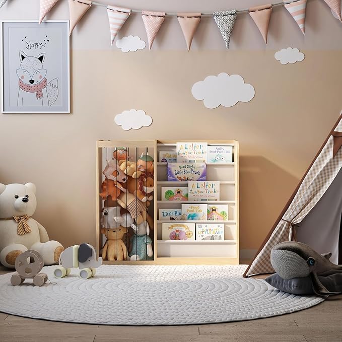 Natural Wood Kids Bookshelf & Stuffed Animal Net Holder Plush Toy Storage Organizer Child Bookcase Toddler Baby Sling Book Rack for Playroom Bedroom Nursery Infant Boys Girls Preschool