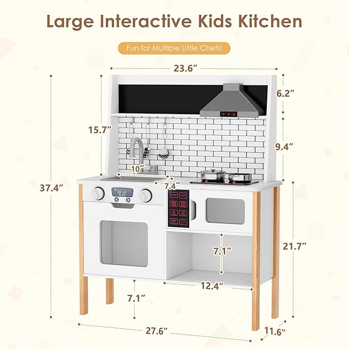 DlandHome Kids Kitchen Playset, Pretend Kitchen Playset with Real Lights & Sounds, Chef Pretend Play Set with Sink Oven Microwave, Ideal Role Play Toy Gift for Toddlers and Kids Ages 3+, White