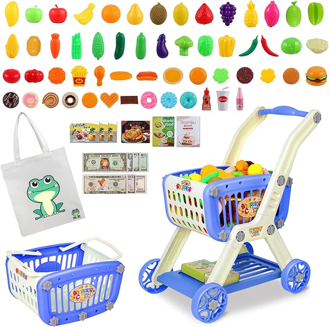 Kids Shopping Cart - 2 in 1 Toy Shopping Cart with Play Food Fruit Vegetable Dessert and Shop Accessories, 72pcs Pretend Play Grocery Store Toy Kitchen Game Trolley Play Set for Kids (Navy Blue)