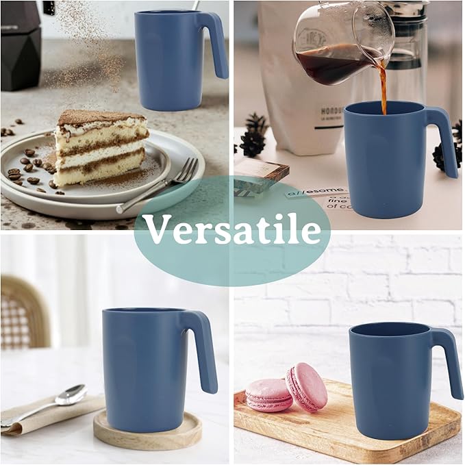 16oz Wheat Straw Cups with handles set of 6-Plastic Cups Reusable-Unbreakable Kids Mugs-Dishwasher Safe & Microwave Safe-Ideal Plastic Mugs for Tea,Coffee,Camping,RV-Navy Blue