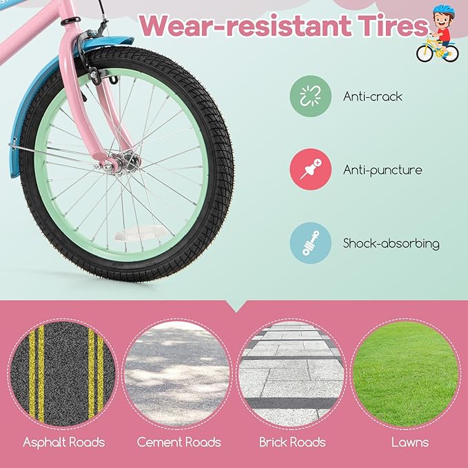 BABY JOY Colorful Macarons Kids Bike, 12 14 16 18 Inch Sporty Children's Bicycle with Training Wheels, Adjustable Handlebar & Saddle, Handbrake & Coaster Brake, Boys Girls Bike for 3-8 Years Old