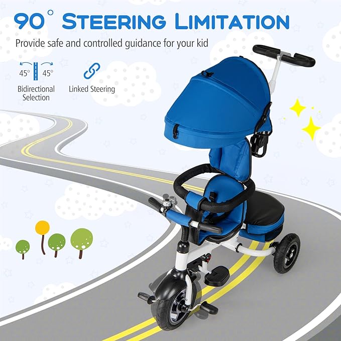 Costzon 5-in-1 Folding Kids Tricycle with Adjustable Push Handle & Canopy, Reversible Seat and Safety Harness, Push Trike with Storage for Toddler Aged 1-5 Years Old, Blue/Gray/Pink