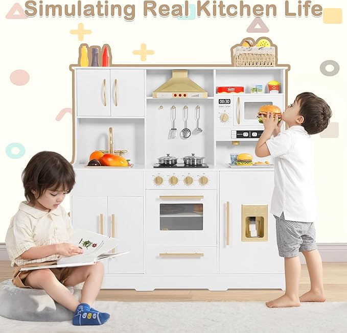 Kids Kitchen Playset, Wooden Play Kitchen with Toy Storage System, Pretend Play Kitchen Set Toy with Range Hood, Ice Maker & Coffee Maker, for Kids Ages 3+, White