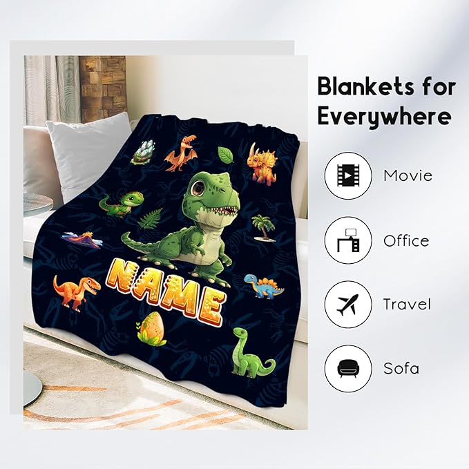 Dinosaur Blanket for Kids - Personalized Blankets Gifts for Boys Toddler - Cozy Lightweight Throw for Sofa Bedroom Decor, 4 Size