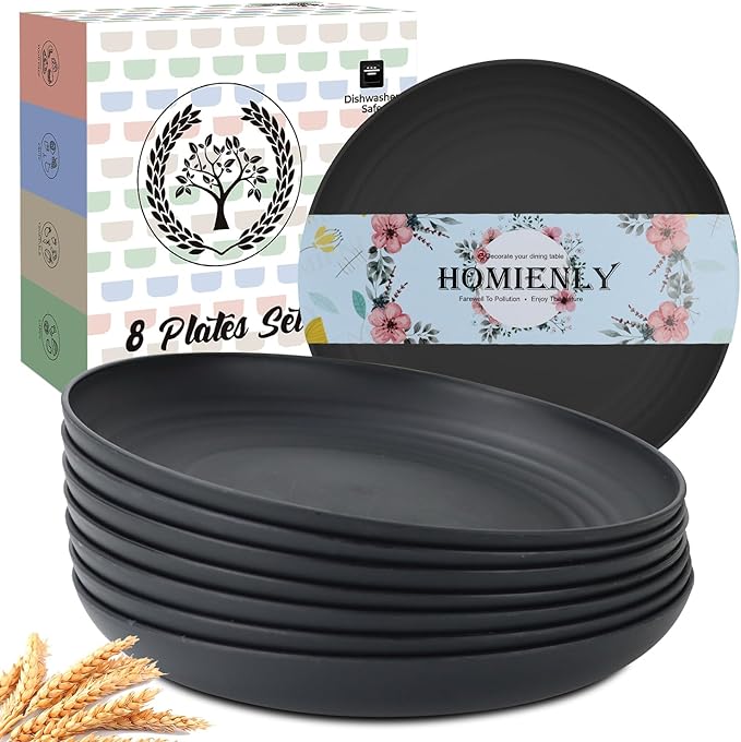 Homienly Dinner Plates Set of 8 Alternative for Plastic Plates Microwave and Dishwasher Safe Wheat Straw Plates for Kitchen Unbreakable Plate Set (Black, 10 inch)