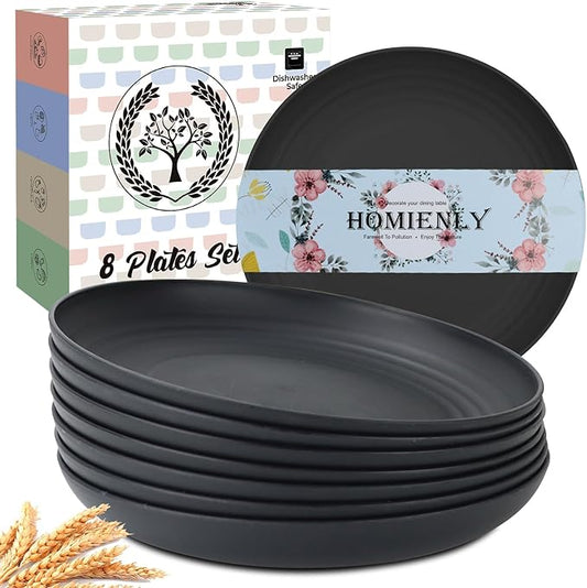 Homienly Dinner Plates Set of 8 Alternative for Plastic Plates Microwave and Dishwasher Safe Wheat Straw Plates for Kitchen Unbreakable Plate Set (Black, 10 inch)