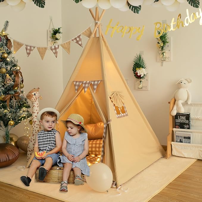 Teepee Tent with Padded Mat Bunting Banner Fairy Lights - Print Gingham Kids Play Tent with Carry Bay for Indoor and Outdoor, Play House Toys for Toddler, Boys and Girls