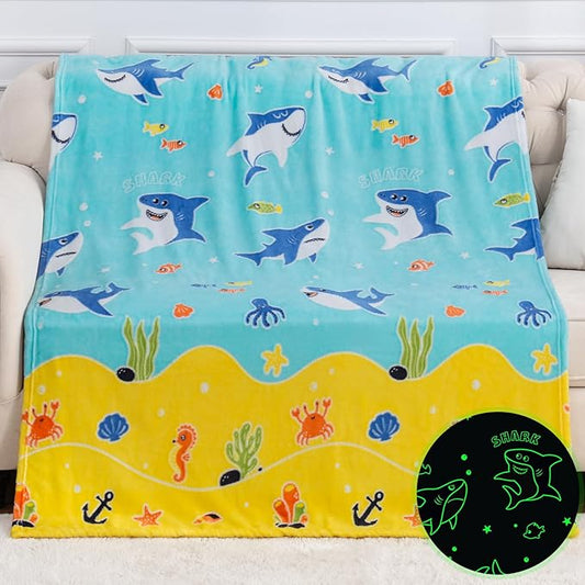 Shark Gifts for Boys Girls - Glow in The Dark Ocean Animal Blanket for Kids Age 1-14 Years Old Child Toddler Best Birthday Valentines Easter Christmas Party Favors Present Soft Cozy Throw 50"x60"