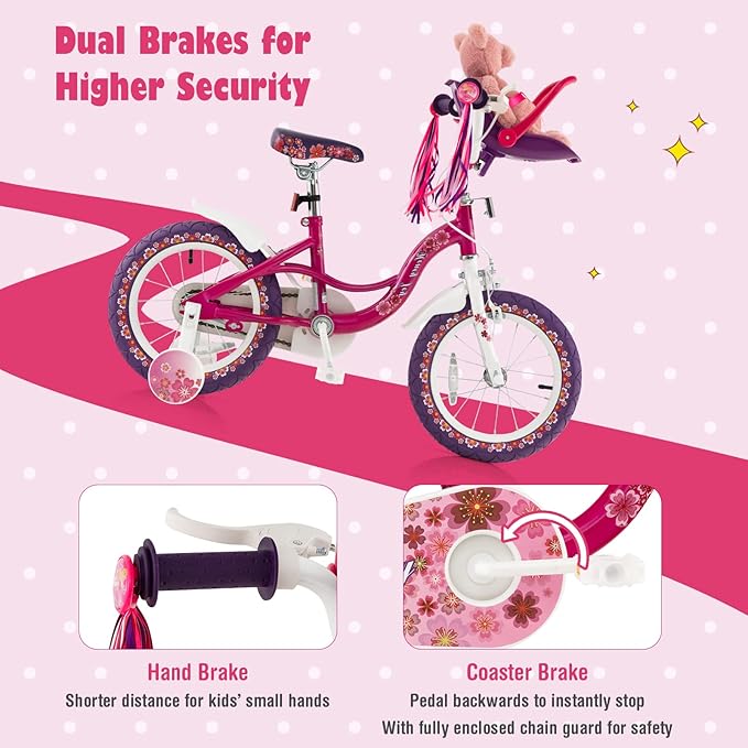BABY JOY Kids Bike, 12 14 16 18 Inch Children Bicycle w/Detachable Training Wheels, Storage Basket, Adjustable Seat & Handlebar, Bow or Streamer, Girls Bike for 3-8 Years Old