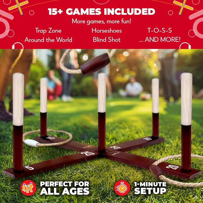 SWOOC Games - Rustic Ring Toss Game (All Weather) - Easy Setup & Extra Games Included - Ring Toss Game for Adults - Outdoor Acitivities for Adults - Yard Toys for Kids - Backyard Fun - Outdoor Party