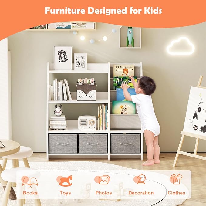 White Kids Bookshelf Wood Toy Storage Organizer Cabinet Children Bookcase Toddler Baby Sling Book Rack 3 Cube Bins Sail Boat Arc Shape for Playroom Bedroom Nursery Classroom