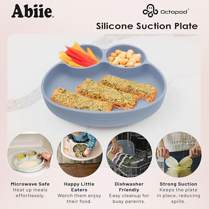Abiie Octopod Frog Silicone Plates with Suction - Spill Proof, Easy to Clean - BPA-Free Bowl - Suction Plates for Baby and Toddler - Training & Feeding Divided Grip Dish (Turquoise)