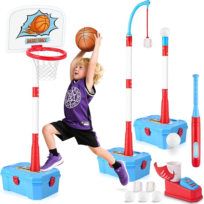 4-in-1 Toddler Basketball Hoop & Tee Ball Set,Adjustable Height Kids Basketball Hoop with Automatic Pitch -Kids Outdoor Sport Birthday Christmas Toys Gifts for Boys Girls