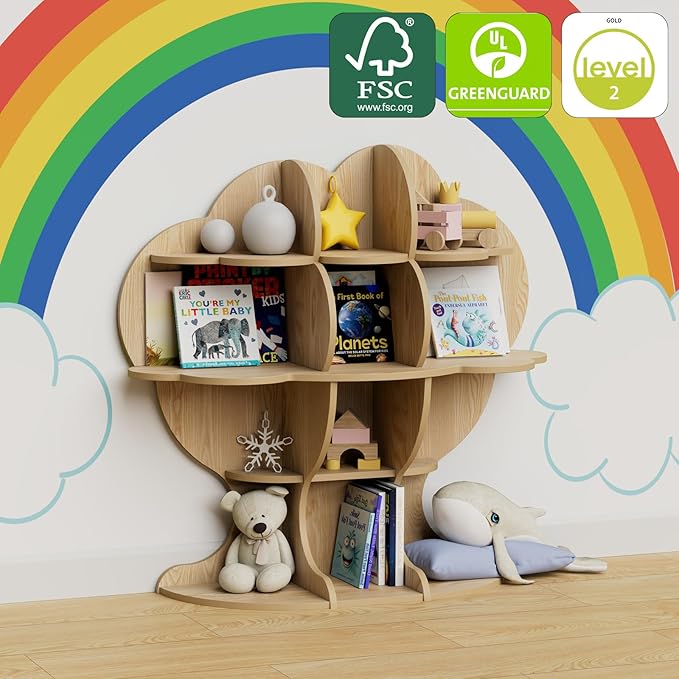 Natural Wood Tree Kids Bookshelf Toddler Bookcase 4-Tier Baby Book Rack Children Toy Storage Organizer Forest Wood Display Shelf Nursery Playroom Bedroom Classroom School Homeschooling Boy Girl’s Gift