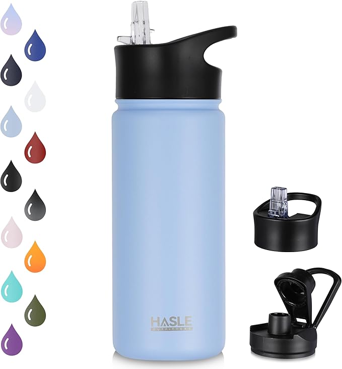 HASLE OUTFITTERS Insulated Water Bottle 16 oz Double Wall Vacuum Stainless Steel Water Bottle Leak Proof for School Wide Mouth with Straw Lid & Spout Lid Keeps Cold and Hot(Light Blue,1pack)