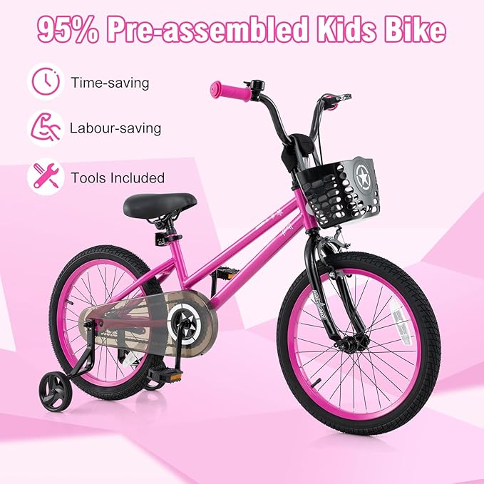 BABY JOY Starry Kids Bike, 12 14 16 18 Inch Bicycle with Training Wheels, Storage Basket, Adjustable Handlebar & Seat, Handbrake & Coaster Brake, Girls Boys Bike