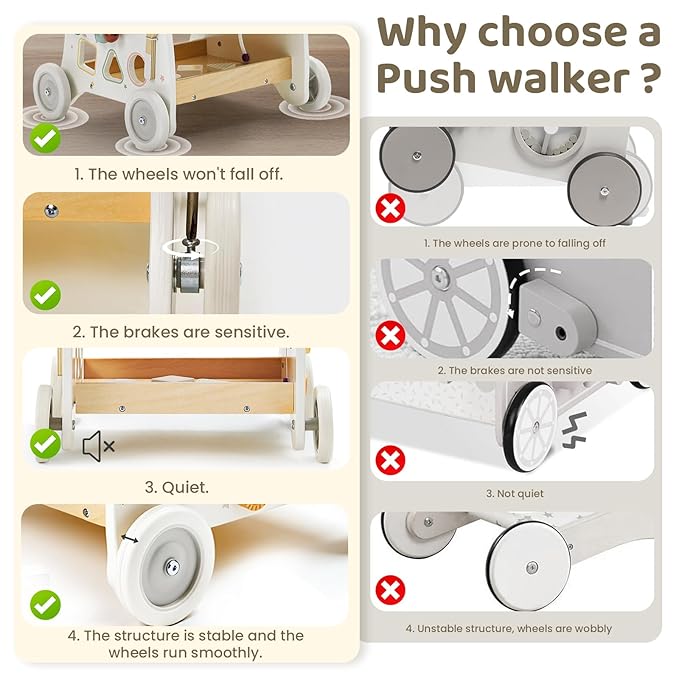 labebe Wooden Baby Walker, Baby Push Walker Doll Stroller, Push Activity Walker for Kids 18M+, Adjustable Speed Learning Walking with Wheels, Birthday Gift for Girls Boys Ages 1-3