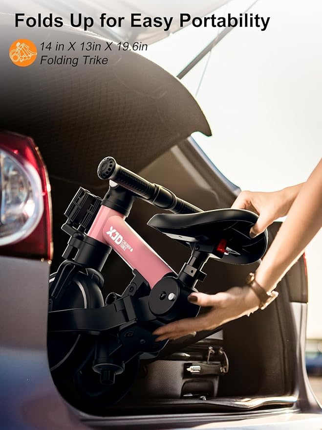 XJD Toddler Bike, 6 in 1 Folding Toddler Tricycle for 1-4 Year Old with Parental Control Handle, Balance Bike with Removable Pedal, Backrest, Adjustable Seat and Handle, First Birthday Gifts (Pink)