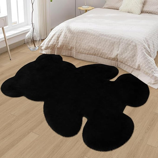 4.6x6 ft Black Bear Soft Fluffy Large Rug, Shaggy Faux Sheepskin Fur Rug Fuzzy Shag Area Rug Cute Plush Carpet for Nursery Kids Girls Bedroom Room Aesthetic Living Room Floor Home Decor, Black