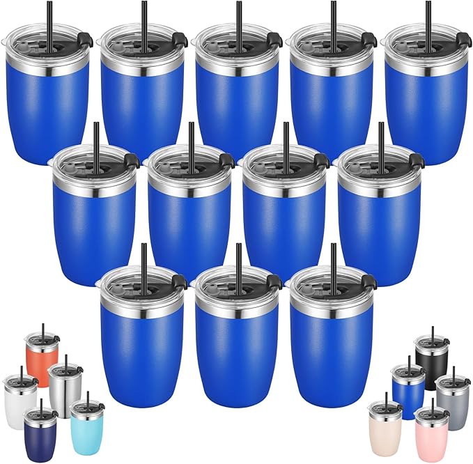 VEGOND Stainless Steel 12 oz Tumblers bulk Vacuum Insulated Double Wall Travel Tumbler with Lid and Straw Reusable Tumbler, Royal Blue 12 pack